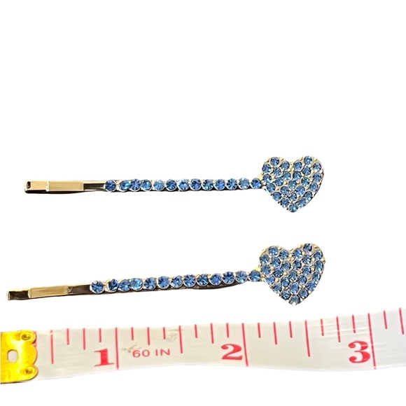 Blue Crystal Rhinestone Heart Gold Hair Clips approx 2.5” - Picture 2 of 3